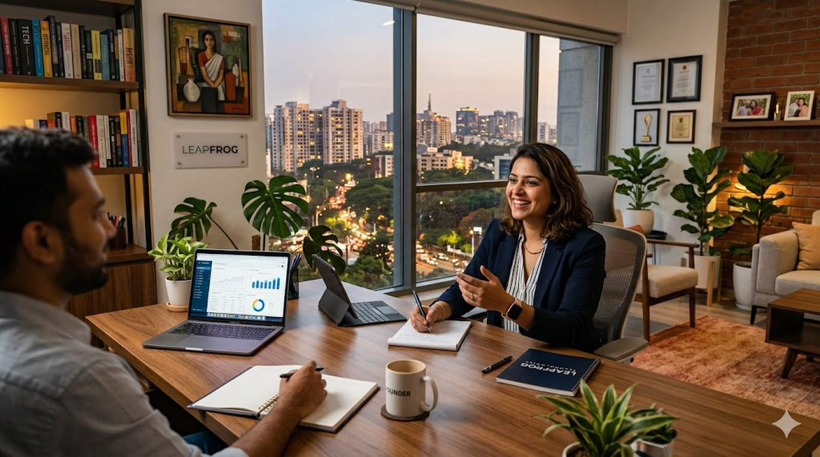 Two collaborators reviewing a build inside a sunlit Indian home-office studio